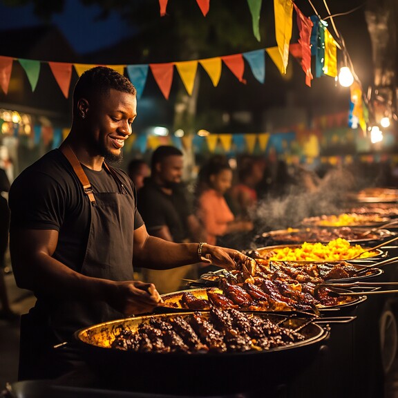 a man cooking food at a street fair